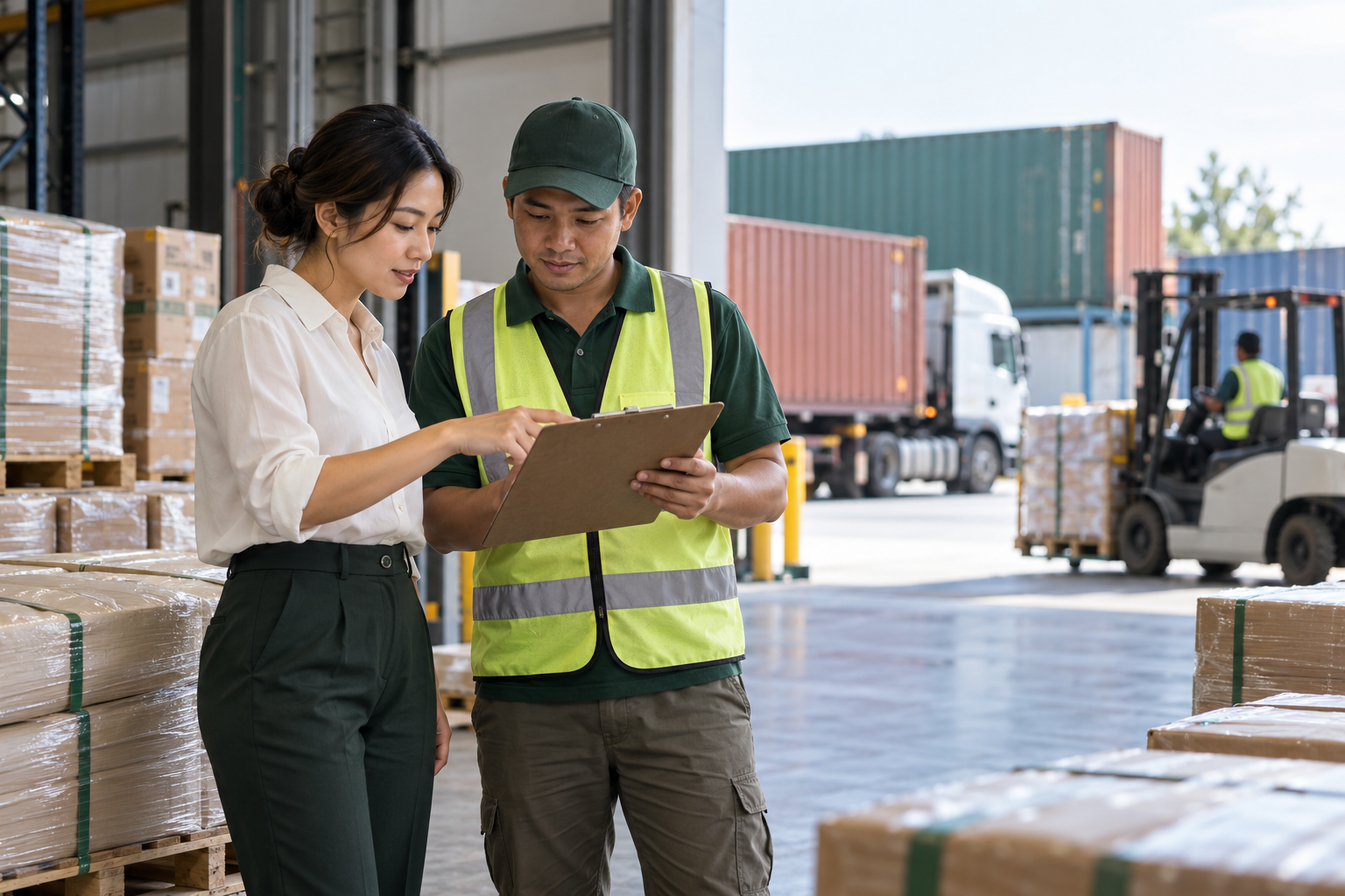 Người điều phối và nhân viên kho rà soát ghi chép cạnh các pallet hàng.