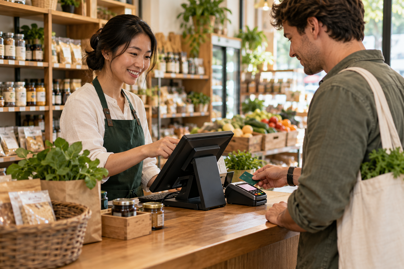 Chủ cửa hàng hỗ trợ khách với màn hình POS và thiết bị thanh toán.