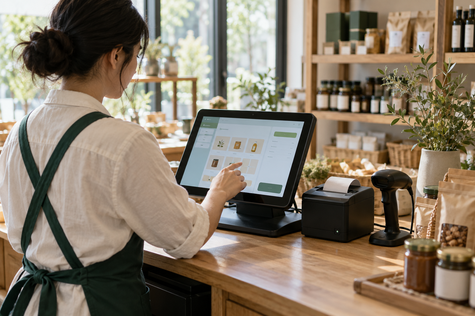 Chủ cửa hàng xem màn hình POS cạnh máy in hóa đơn và máy quét mã vạch.